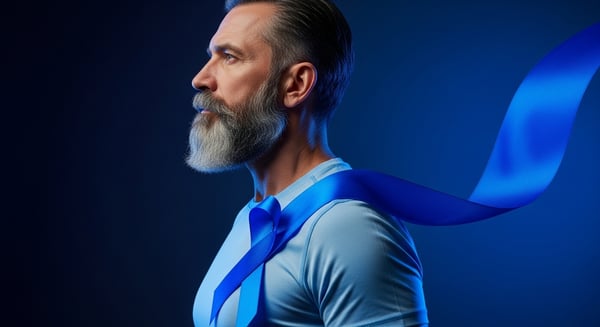 NOVEMBRO AZUL HOMEM BARBUDO COM FITA AZUL CONSCIENTIZAÇÃO SOBRE SAÚDE MASCULINA E PREVENÇÃO DO CÂNCER DE PRÓSTATA