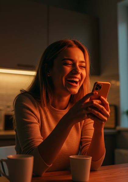 MULHER JOVEM FELIZ RINDO COM SMARTPHONE NOITE LUZ ACONCHEGANTE EM CASA
