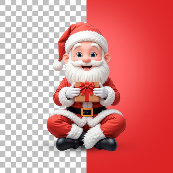 PAPAI NOEL SENTANDO NO CHÃO SEGURANDO UM PRESENTE PSD EDITÁVEL