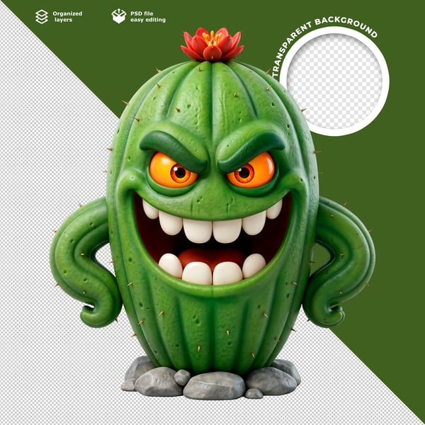 3D CARTOON CACTUS MONSTER COM OLHOS LARANJAS E FLOR VERMELHA TOPO ENGRAÇADO