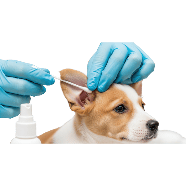 VETERINÁRIO LIMPANDO O OUVIDO DE FILHOTE COM COTONETE