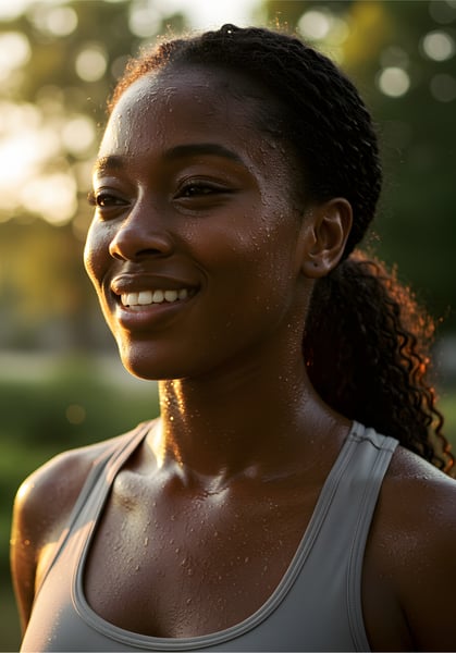 Mulher negra com roupas fitness sorri espontaneamente após treino ao ar livre, banhada pela luz dourada do pôr do sol, representando saúde e alegria.