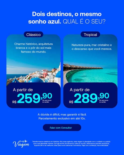 Escolha Seu Sonho Azul: Destinos Clássicos Ou Tropicais. Viagens Inesquecíveis Social Media PSD Editável
