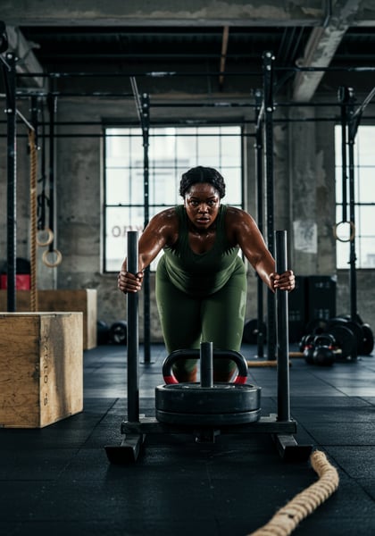 MULHER NEGRA FORTE E SUADA EMPURRA TREN DE PESO EM TREINO INTENSO DE CROSSFIT NA ACADEMIA FOCO E DETERMINAÇÃO