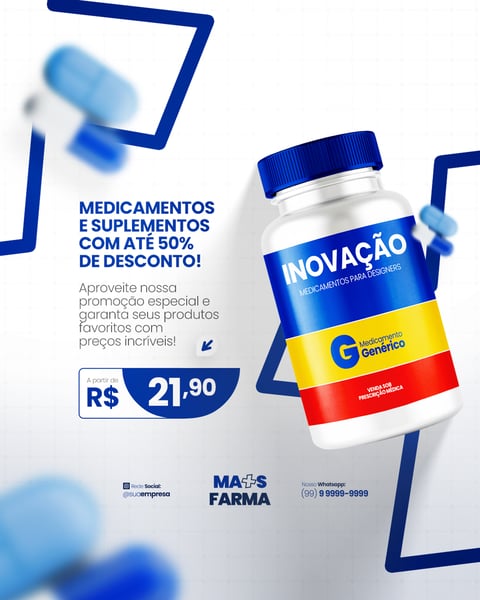 FARMÁCIA REMÉDIOS CÁPSULA FORMULAS MEDICAMNETOS PROMOÇÃO SOCIAL MEDIA PSD EDITÁVEL