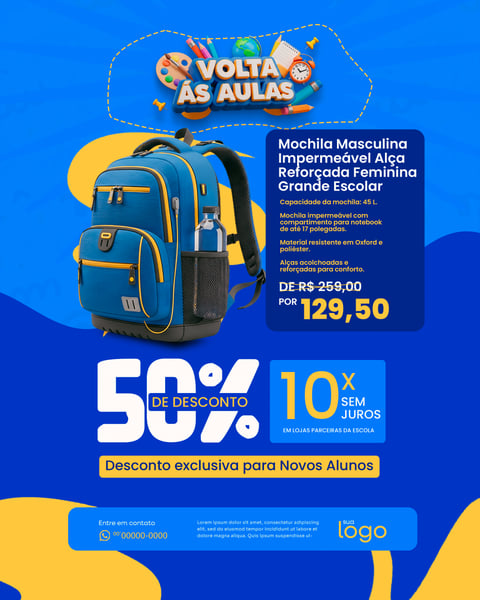 VOLTA ÀS AULAS SOCIAL MEDIA 50% DE DESCONTO PSD EDITÁVEL FEED 5