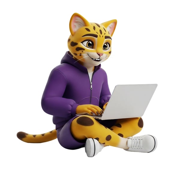 Ilustração 3d De Mascote Gato Leopardo Em Moletom Roxo Trabalhando No Laptop. Personagem Fofo Digitando, Estudo Online, Home Office E Tecnologia Digital.