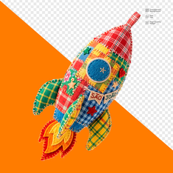 FOGUETE SÃO JOÃO FELTRO PATCHWORK COLORIDO XADREZ CHAMAS ESTRELAS PNG TRANSPARENTE