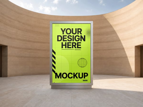 POSTER MOCKUP EM PÁTIO DESÉRTICO VISTA FRONTAL