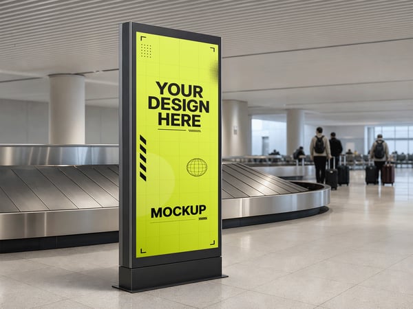 TOTEM PUBLICITÁRIO MOCKUP NA ÁREA DE BAGAGENS VISTA FRONTAL