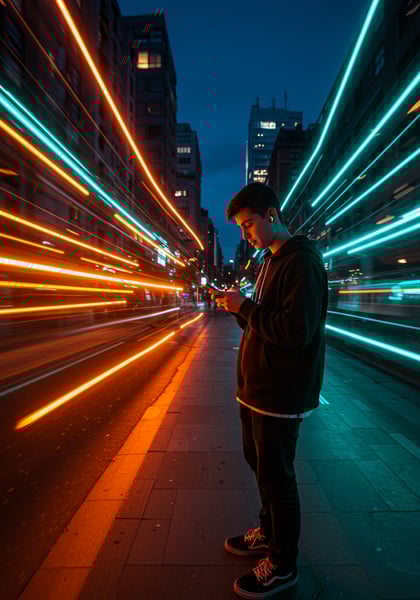 JOVEM USANDO SMARTPHONE NA CIDADE NOITE COM RASTROS DE LUZ NEON EM MOVIMENTO