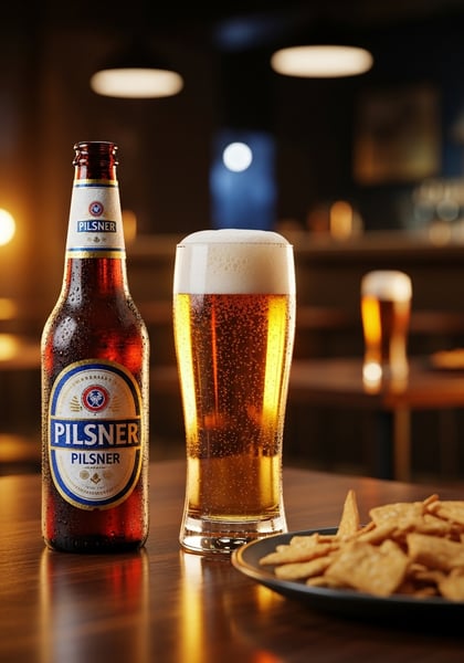 Garrafa de Pilsner com copo cheio e snacks