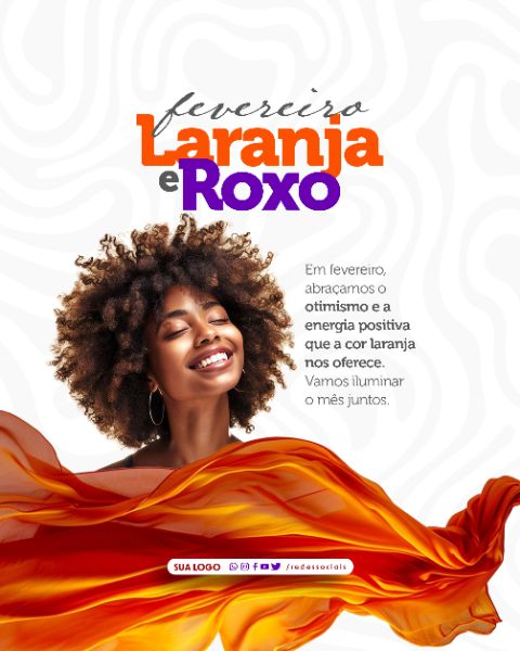 SOCIAL MEDIA - FEVEREIRO LARANJA E ROXO - OTIMISMO E ENERGIA POSITIVA
