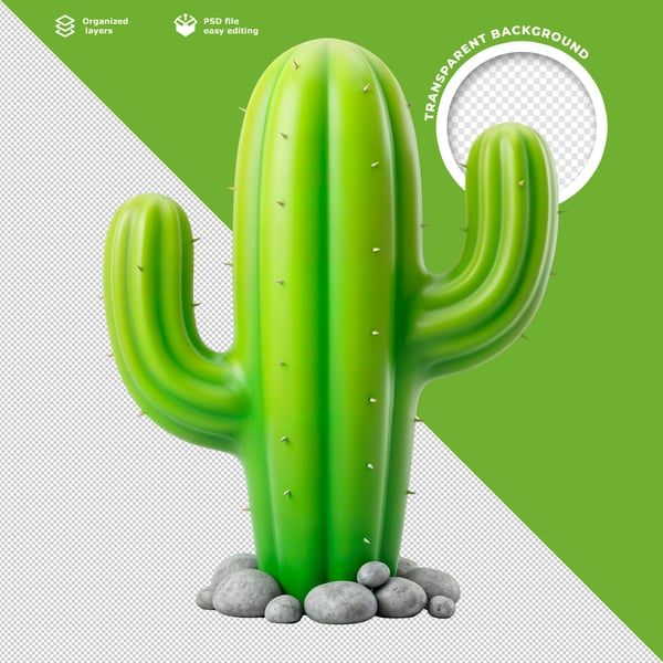 3D GREEN CACTUS PLANT ELEMENT WITH ROCKY BASE MODERN
