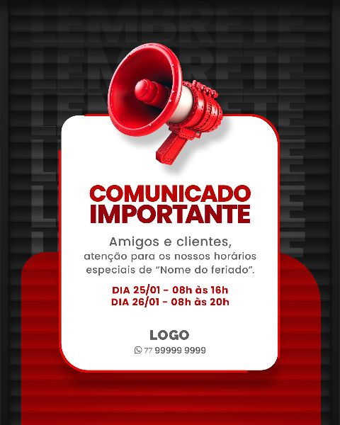 SOCIAL MEDIA PARA AVISOS E COMUNICADOS - VERMELHO