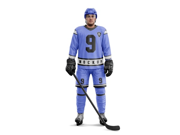 UNIFORME DE HÓQUEI NO GELO MOCKUP EM JOGADOR TACO EM MÃO