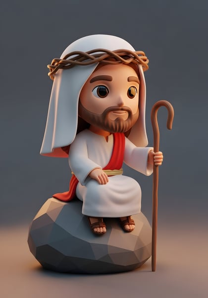 JESUS CRISTO SENTADO EM UMA PEDRA SEGURANDO UM CAJADO DE MADEIRA ESTILO PERSONAGEM 3D 01