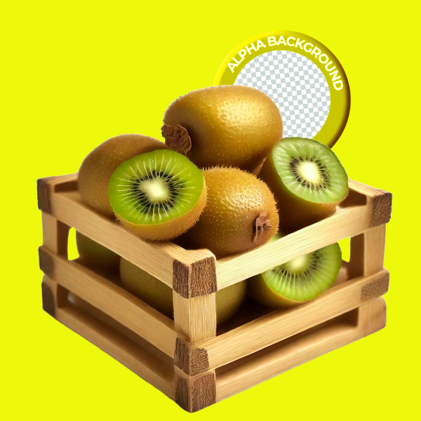 ELEMENTO CAIXOTE COM KIWI PARA COMPOSIÇÃO PNG TRANSPARENTE SEM FUNDO