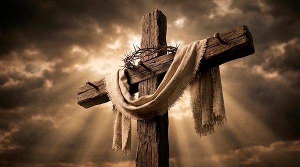 IMAGEM PARA COMPOSIÇÃO CRUZ SOBRE UM CÉU CINEMATOGRÁFICO COM UMA COROA DE ESPINHOS E PANO BRANCO