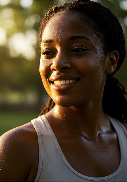 Mulher negra com roupas fitness sorri espontaneamente após treino ao ar livre, banhada pela luz dourada do pôr do sol, representando saúde e alegria.