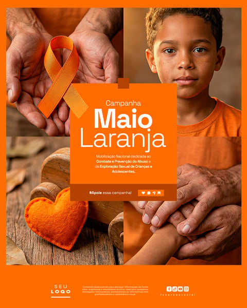 MAIO LARANJA MOBILIZAÇÃO NACIONAL DEDICADA AO COMBATE E PREVENÇÃO DO ABUSO E DA EXPLORAÇÃO SEXUAL DE CRIANÇAS E ADOLESCENTES SOCIAL MEDIA PSD EDITÁVEL 1