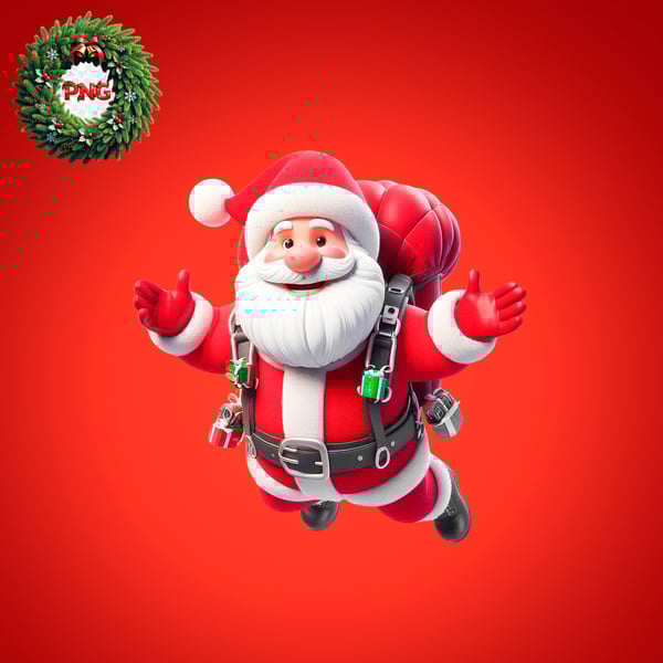 PAPAI NOEL PULANDO DE PARAQUEDAS FELIZ 3D PSD EDITÁVEL