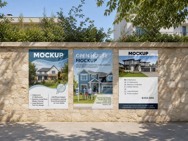 Tres posters mockup no muro de jardim vista frontal