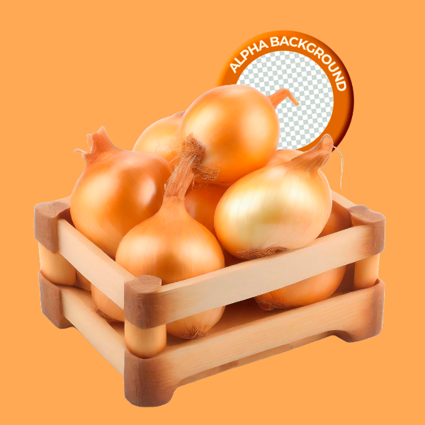 ELEMENTO CAIXOTE COM CEBOLA PARA COMPOSIÇÃO PNG TRANSPARENTE SEM FUNDO