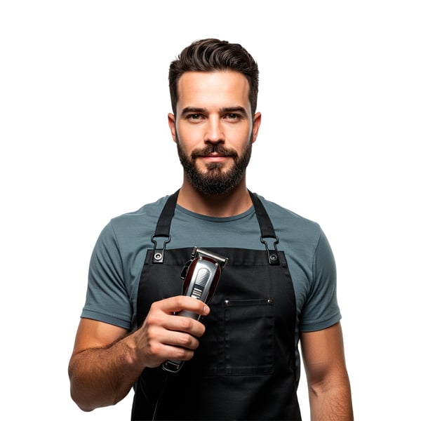 BARBEIRO BRANCO DE UNIFORME SEGURANDO UMA MÁQUINA DE CORTAR CABELO