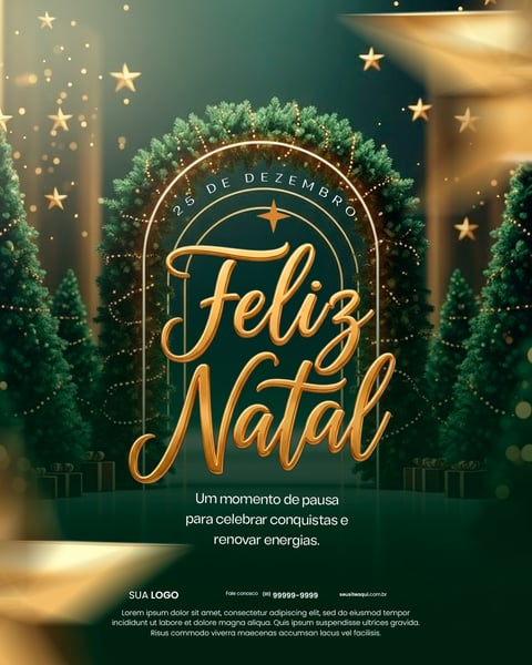 Feliz Natal: Celebração Festiva, Árvores, Estrelas, Design Dourado Elegante Social Media PSD Editável