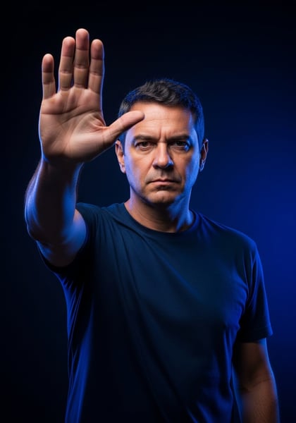 HOMEM SRIO FAZENDO GESTO DE PARAR COM A MÃO RECUSA PROIBIÇÃO LIMITE AVISO SEGURANÇA