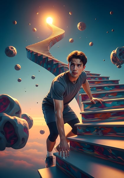 04 Um jovem subindo uma escada misteriosa 03