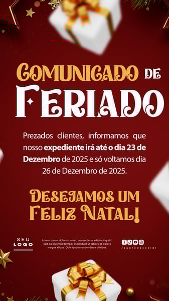 COMUNICADO DE NATAL AVISO ANÚNCIO RECESSO FERIADO SOCIAL MEDIA PSD EDITÁVEL STORY 14