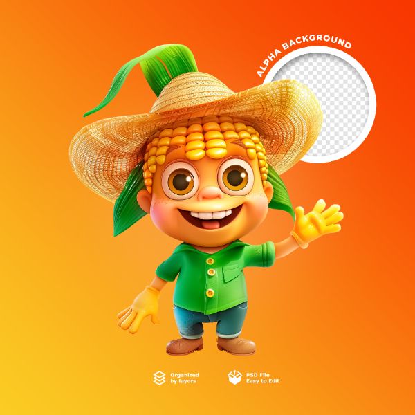 UM PERSONAGEM MILHO FELIZ EM 3D PARA SÃO JOAO