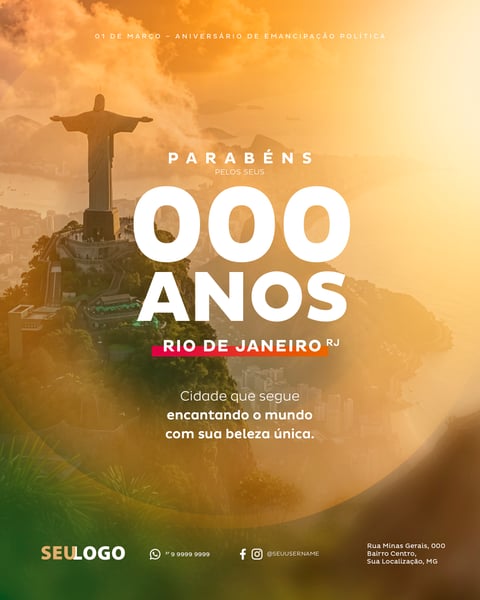 ANIVERSÁRIO DA CIDADE DO RIO DE JANEIRO CIDADE QUE ENCANTA O MUNDO SOCIAL MEDIA PSD EDITÁVEL
