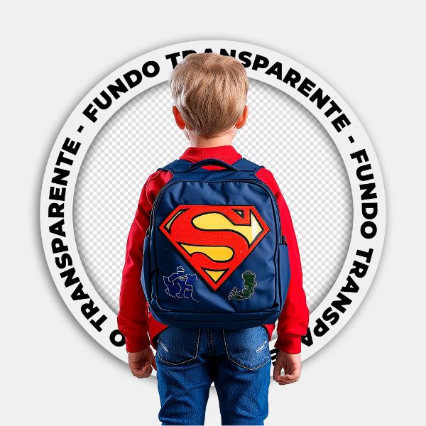 MENINO COM UMA MOCHILA DO SUPERMAN | IMAGEM SEM FUNDO