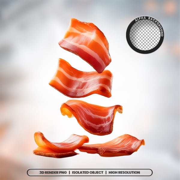 3D RENDER FATIAS PEDAÇOS DE BACON CARNE ELEMENTO ÍCONE PSD PNG