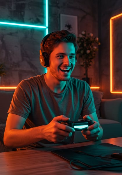 JOVEM GAMER FELIZ JOGANDO VIDEOGAME COM FONES DE OUVIDO EM SALA COM LUZES NEON
