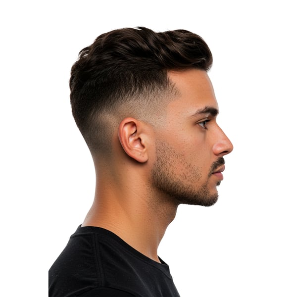 HOMEM DE BLUSA BRANCA BRANCO VISTO DE LADO CORTE LOW FADE