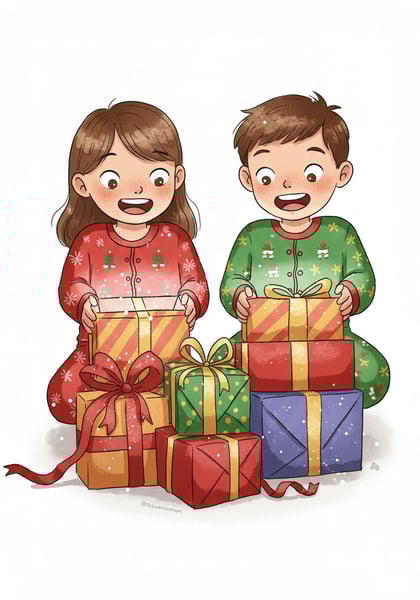 IMAGEM DE CRIANÇAS ABRINDO PRESENTES DE NATAL ILUSTRAÇÃO