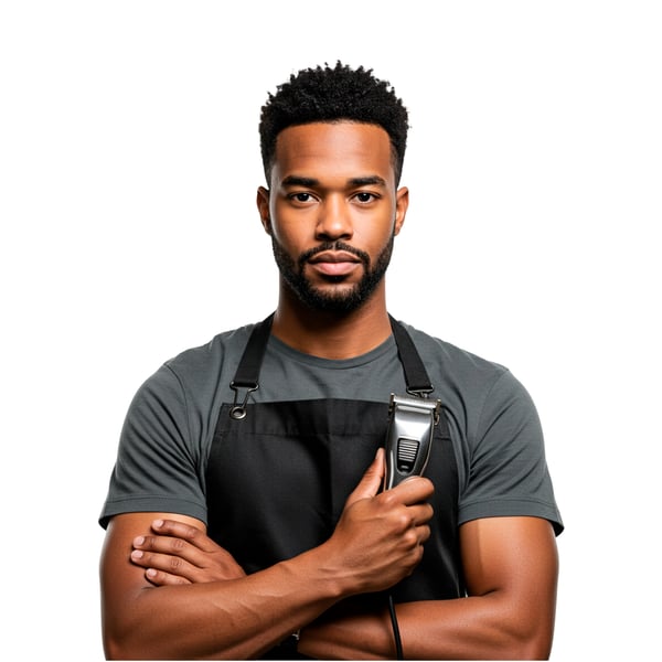 BARBEIRO NEGRO COM BRAÇOS CRUZADOS SEGURANDO UMA MÁQUINA DE CORTAR CABELO