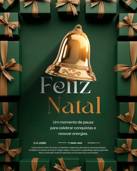 Feliz Natal Elegante: Sinos Dourados, Presentes Verdes, Celebração Festiva Social Media PSD Editável