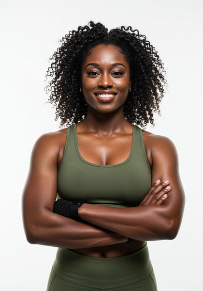 MULHER NEGRA ATLETA CONFIANTE SORRINDO EM ROUPA ESPORTIVA VERDE BRAÇOS CRUZADOS RETRATO FITNESS