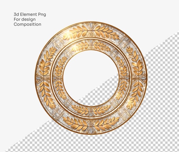 FORMA REDONDA COM DETALHES DOURADOS ELEMENTO 3D PARA COMPOSIÇÃO COM FUNDO TRANSPARENTE