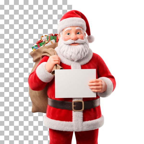 PAPAI NOEL SEGURANDO PAPEL COM A MÃO E PRESENTE NAS COSTAS