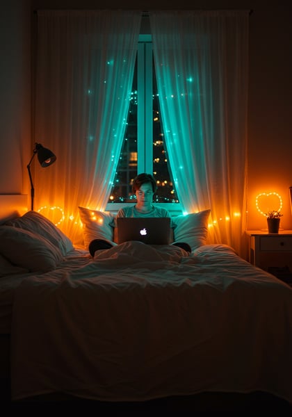 JOVEM USANDO LAPTOP NA CAMA EM QUARTO ACONCHEGANTE COM LUZES LED DECORATIVAS NOTURNAS