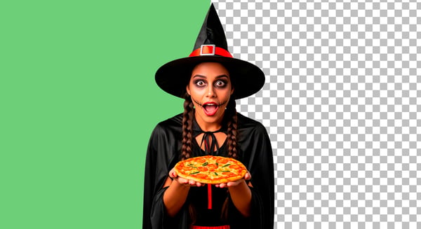 IMAGEM DE MULHER COM FANTASIA DE BRUXA SEGURANDO PIZZA NAS MÃOS