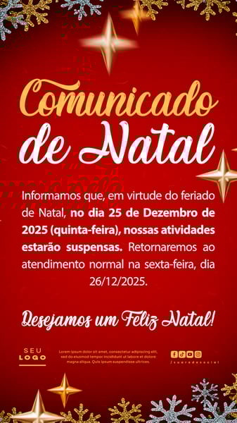 COMUNICADO DE NATAL AVISO ANÚNCIO RECESSO FERIADO SOCIAL MEDIA PSD EDITÁVEL STORY 13