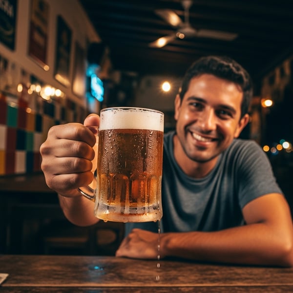 Homem segurando caneca de cerveja gelada em bar descontraído