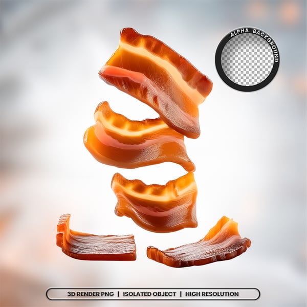 3D RENDER FATIAS PEDAÇOS DE BACON CARNE ELEMENTO ÍCONE PSD PNG